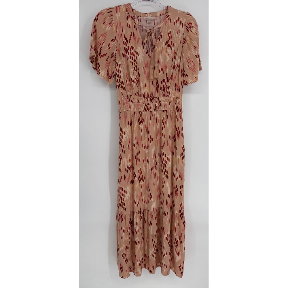 Knox Rose Womens Pink Tan Ikat Print Smocked Waist Tiered Midi Boho Dress Sz XS